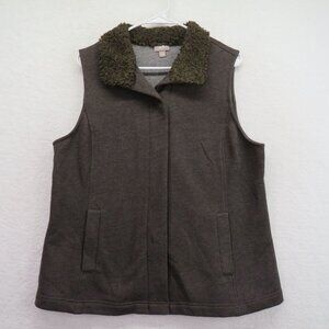 J  Jill Vest Womens Size Large Brown Sweater Faux Fur Collar Hidden Snap Front